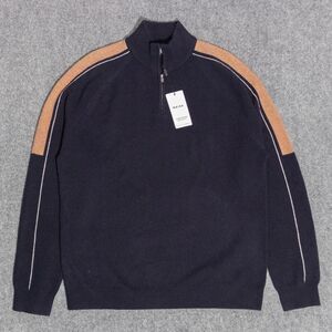 NWT Reiss Hyde Fine Merino Wool Half Zip Track Stripe Navy Sweater Men's XL $210